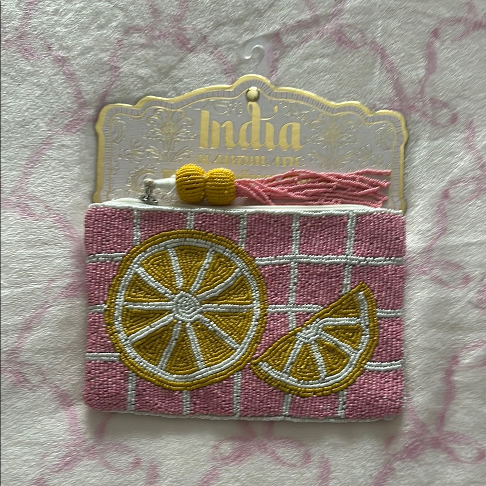 Summer Pink and Yellow Lemon Beaded Bag Pouch Clutch NWT